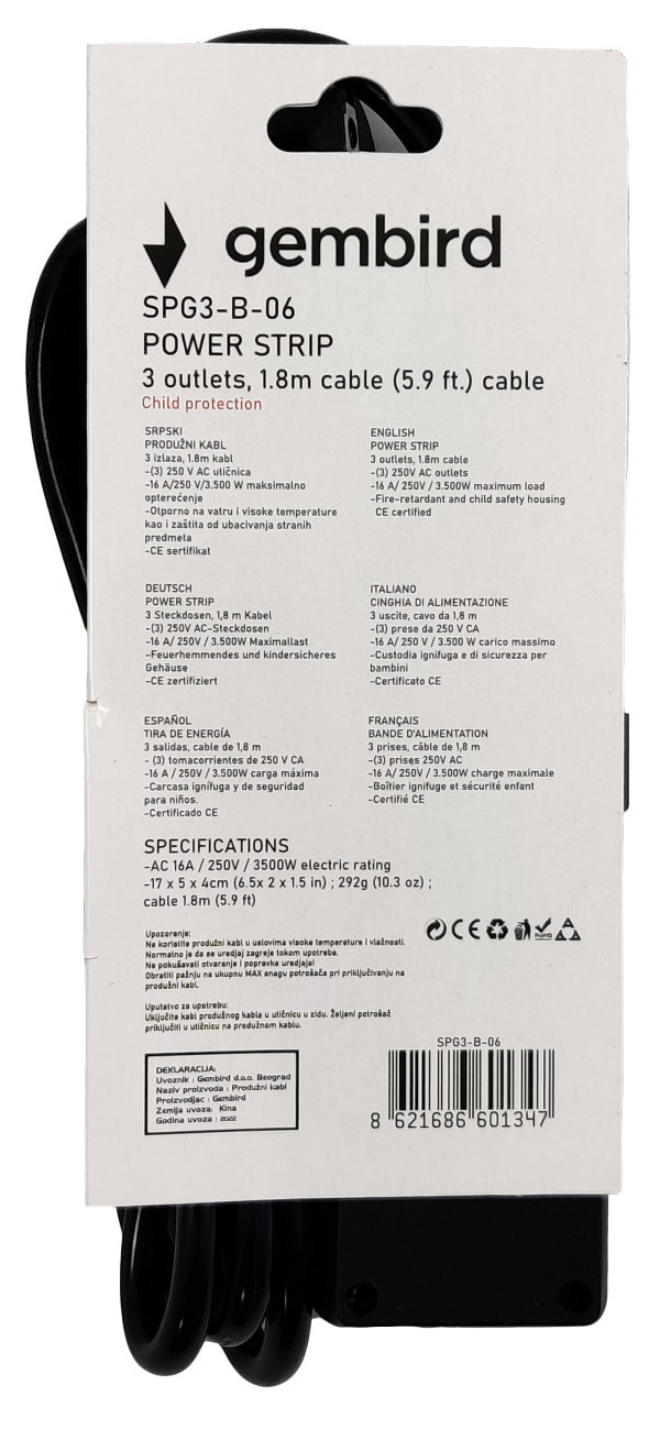 SPG3-B-6 (3G1.5) ** Gembird produzni kabl 3 uticnice (3x1.5mm, 16A, 3500W) 1.8m (359)