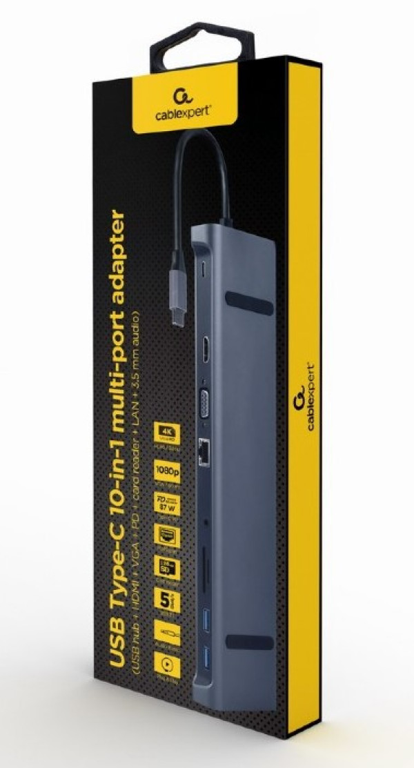 A-CM-COMBO10-01 Gembird USB Type-C 10-in-1 multi-port adapter(USB hub+HDMI+VGA+PD+card r+LAN+3.5mm)