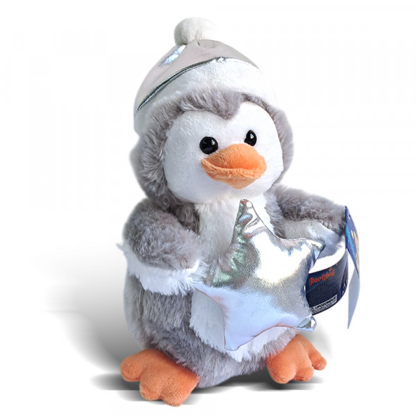 Plišani sivi pingvin sa kapom i zvezdom    
