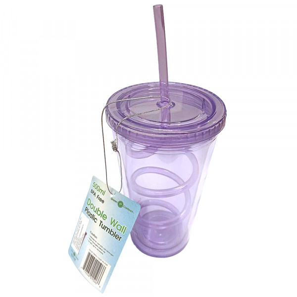 Čaša za vodu sa slamkom i poklopcem 500 ml ljubičasta