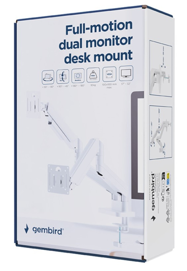 MA-DA2-06-W Gembird Podesivi dupli stoni drzac za monitor, tilt, 17-32 max.10kg White