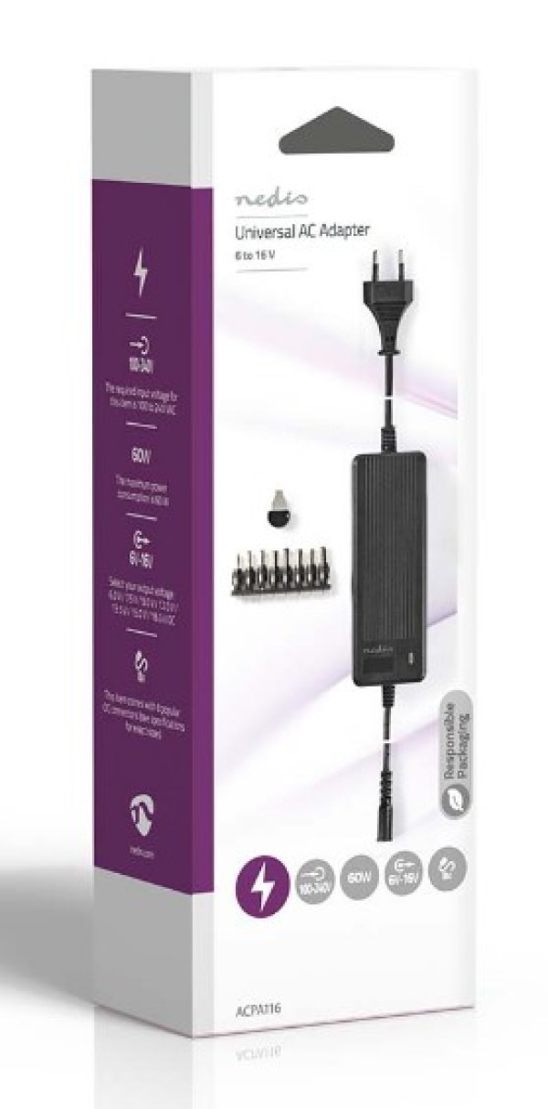 ACPA116 Universal AC Power Adapter 60W, 6-16V DC, 1.10m 5.0-5.2A 8-plug(s), Black