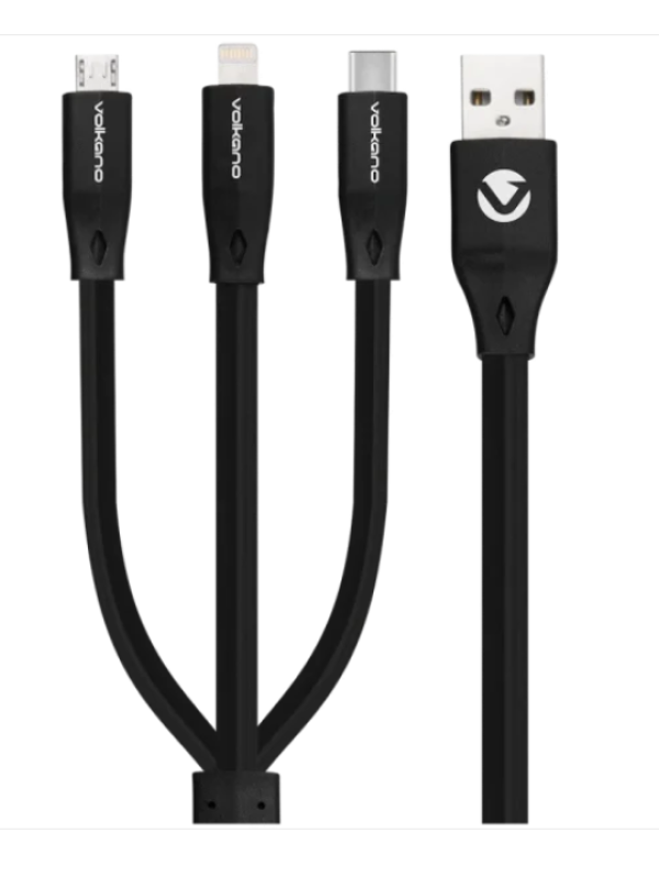 Kabl Volkano VK-20086-BK Slim Series Flat PVC 3-in-1 USB-CLightningMicro