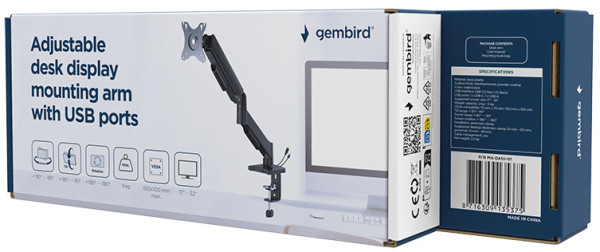 MA-DA1U-01 Gembird Podesivi stoni drzac za monitor sa USB portom, tilt 17-32 max.9kg