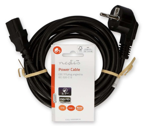 CEGL10000BK30 Kabl za napajanje sa uzemljenjem muški, IEC-320-C13, Ugaoni, Niklovani, 3m, Okrugli, P