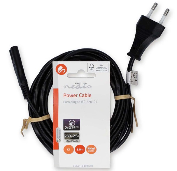 CEGL11040BK30 Kabl za napajanje, Euro muški, IEC-320-C7, Niklovani, 3m detelina kabl