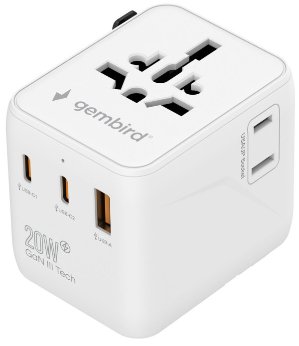 Travel adapter TPA-1A2C20-01-W Gembird Univerzalni 20W