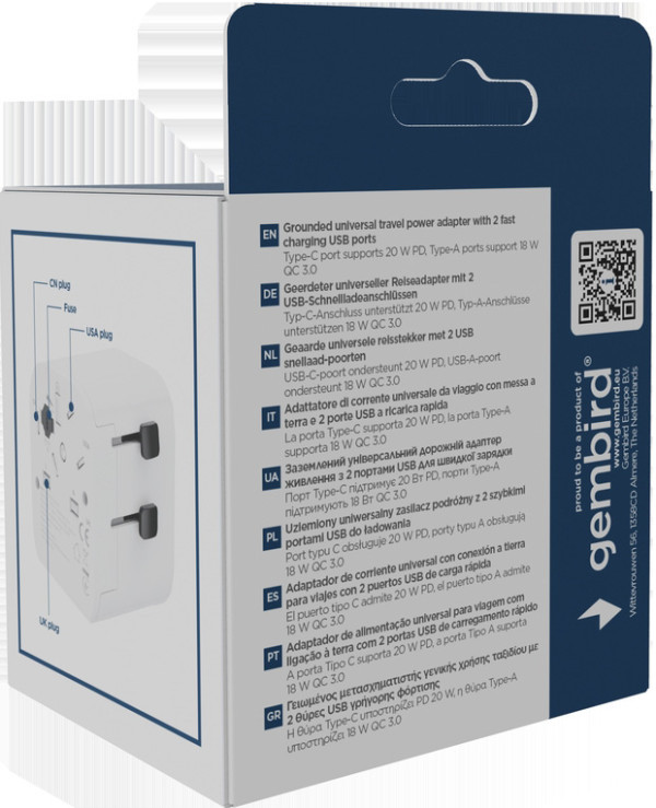 Travel adapter TPA-EU1A1C20-01-W Gembird Univerzalni, sa uzemljenjem 20W
