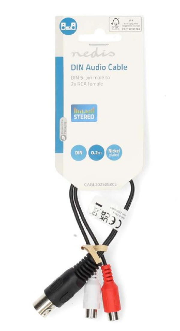 CAGL20250BK02 DIN audio kabl 5-pinski muški, 2xRCA ženski, Niklovani, 0,20m, PVC