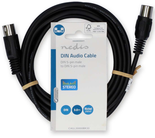 CAGL20000BK30 DIN Audio Kabl, DIN 5-Pin Muski, DIN 5-Pin Muski, Niklovan, 3.00 m, Okrugli, PVC, Crni