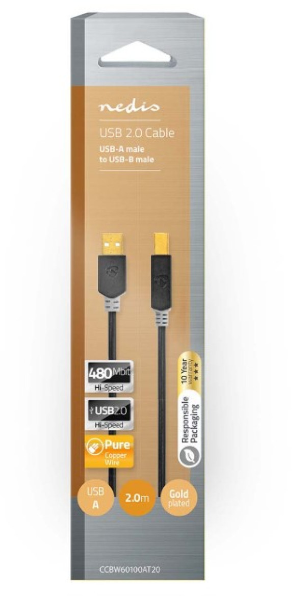 CCBW60100AT20 USB kabl 2.0 USB-A muški na USB-B muški, za stampac 480 Mbps, Pozlac´eni, 2m, Okrugli