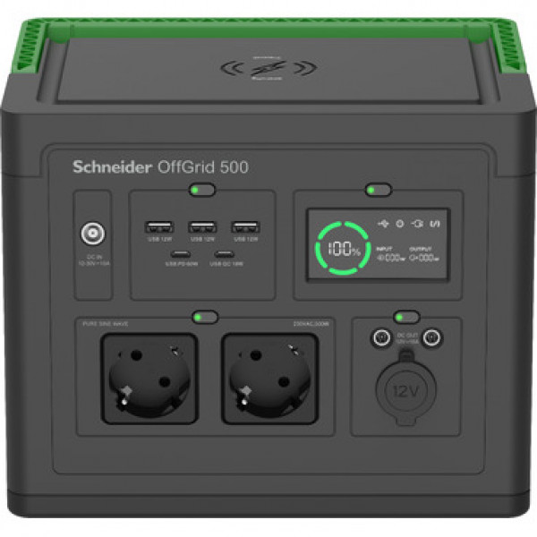 Schneider OffGrid Portable Power Station 500, 230V, 517Wh Lithium-ion, LCD, 2 CEE 7/3 Schuko outlets, Sinewave, 3 USB-A, ( PPS500-GR ) 