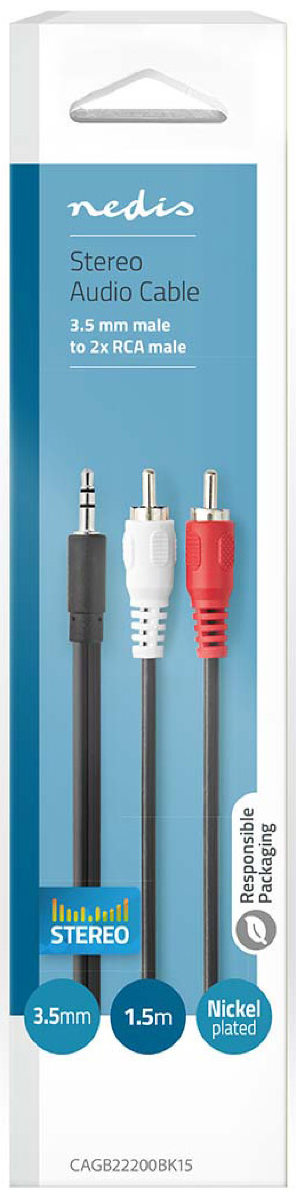 CAGB22200BK15, Stereo audio kabl, 3,5 mm muški, 2x RCA muški, Niklovani, 1,50 m, Crni