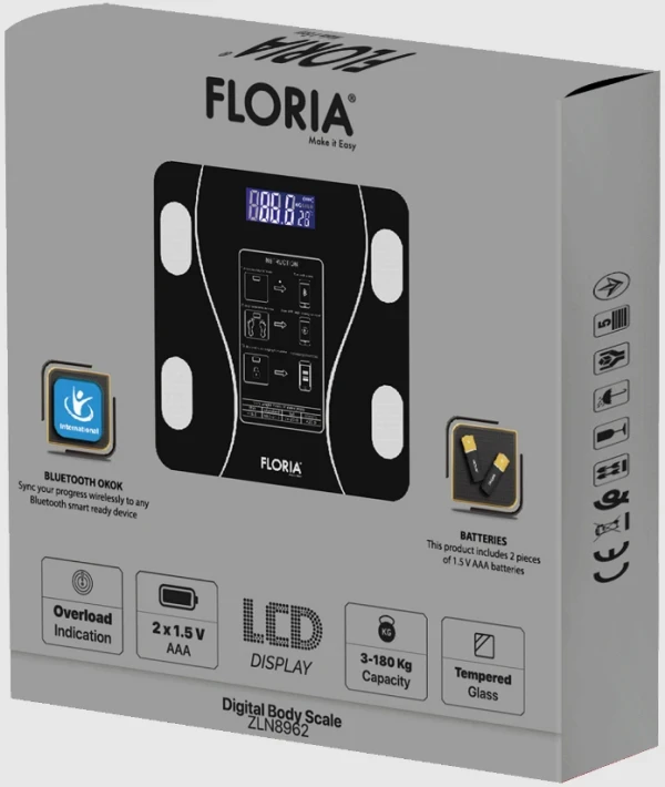 Zilan ZLN8962 Pametna vaga do 180 kg LED, Bluetooth,Crna,Kaljeno staklo