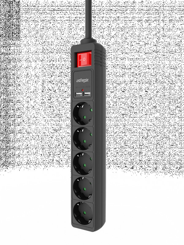Power Strip with USB Charger, 5 sockets + 2 USB Ports, 1.5m, 16A, USB 2.1A, Power Switch, Black ( SPG5-U2-5-02 ) 