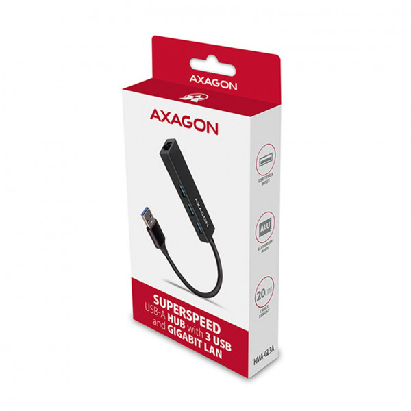 USB HUB USB-3.2 --> 3xUSB-3.2 + Gigabit LAN, 20cm, AXAGON